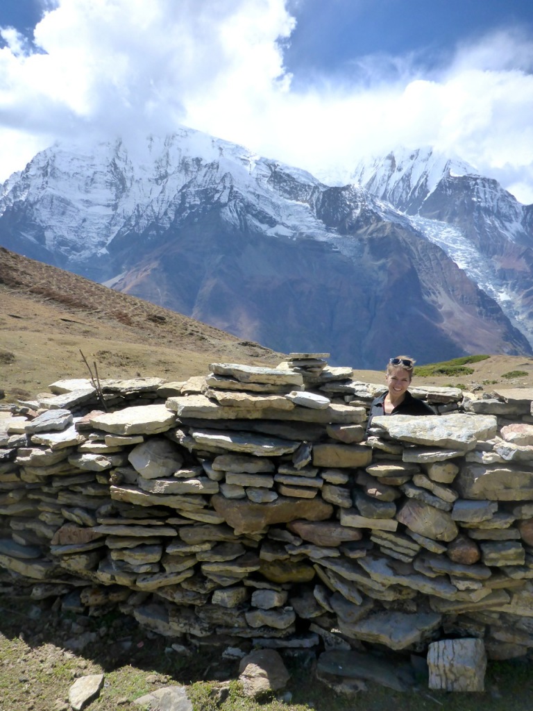 Liz hiding in the Yak Herder Ruins, Manang, Nepal.