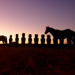 Wild Horses with Rapa Nui Moai on Easter Island at Sunset