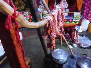 Goat meat drying inside the ger